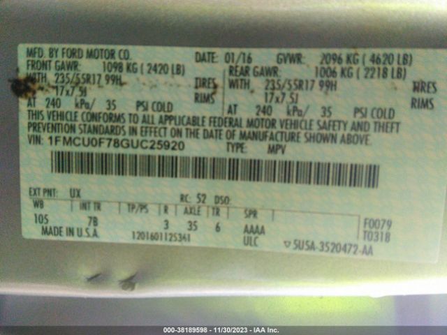 1FMCU0F78GUC25920 Ford ESCAPE S