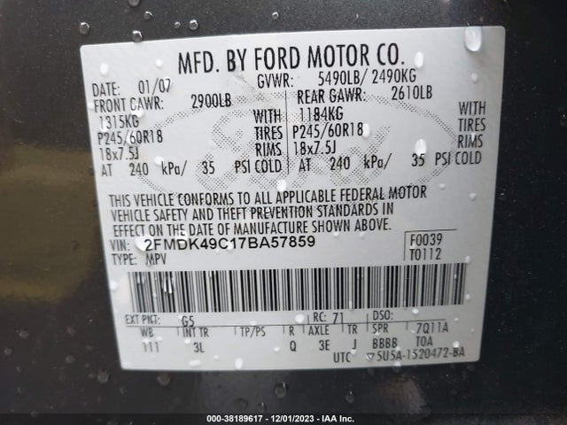 2007 FORD EDGE SEL PLUS VIN: 2FMDK49C17BA57859