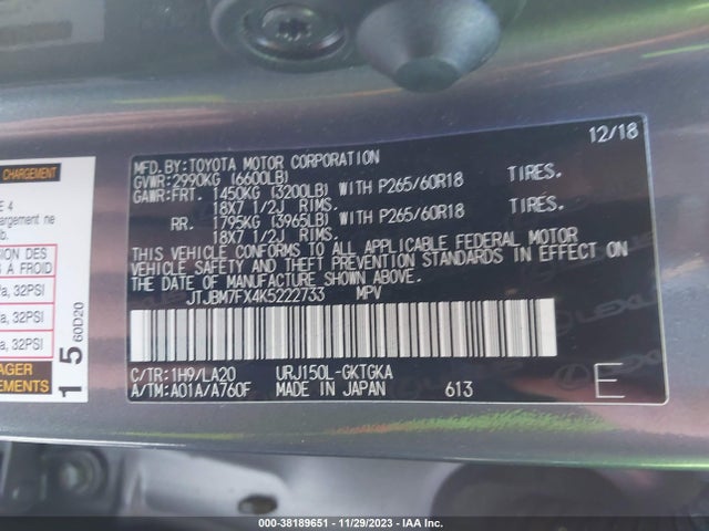 2019 LEXUS 460 PREMIUM VIN: JTJBM7FX4K5222733