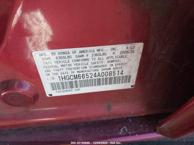 2004 HONDA ACCORD 3.0 EX VIN: 1HGCM66524A008514