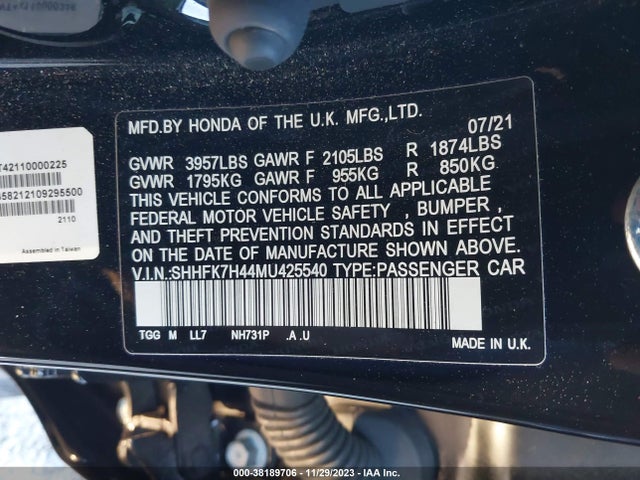 2021 HONDA CIVIC SPORT VIN: SHHFK7H44MU425540