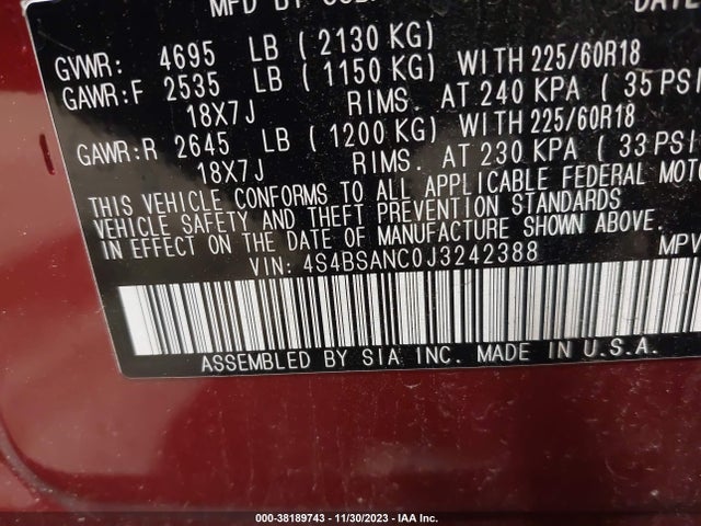 2018 SUBARU OUTBACK 2.5I LIMITED VIN: 4S4BSANC0J3242388