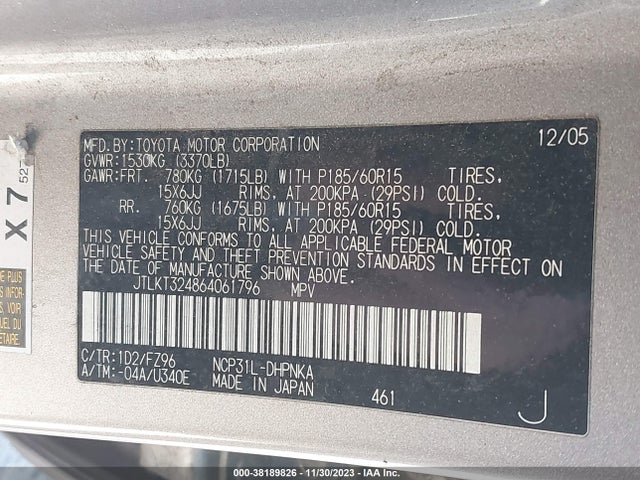 2006 SCION XB VIN: JTLKT324864061796