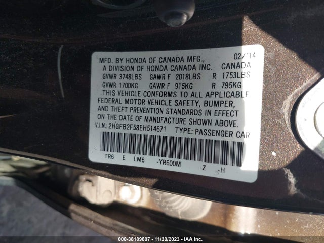 2014 HONDA CIVIC LX VIN: 2HGFB2F58EH514671