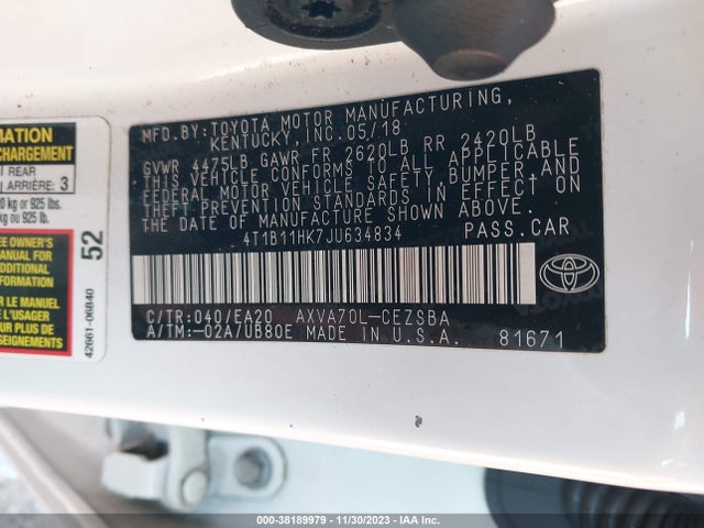 Toyota CAMRY SE 2018 4T1B11HK7JU634834 Image 9