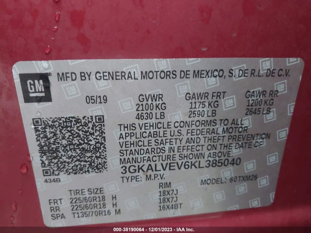 2019 GMC TERRAIN SLT VIN: 3GKALVEV6KL385040