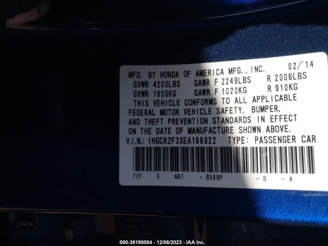 Honda ACCORD LX 2014 1HGCR2F3XEA166822 Image 9