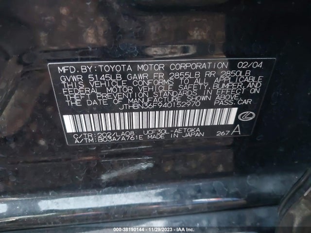 2004 LEXUS LS 430 VIN: JTHBN36F940152970