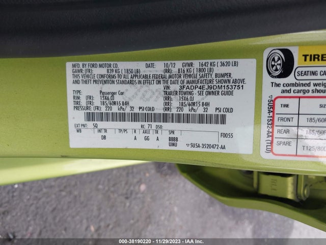 2013 Ford Fiesta Se მანქანა იყიდება აუქციონზე, vin: 3FADP4EJ9DM153751, აუქციონის ნომერი: 38190220