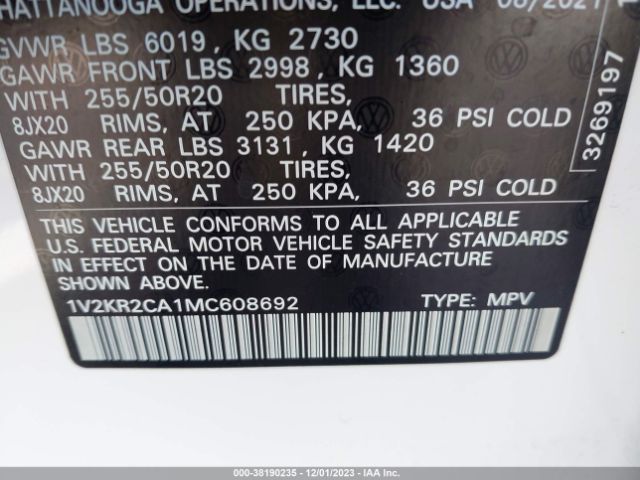 1V2KR2CA1MC608692 Volkswagen Atlas 3.6l V6 Se W/technology