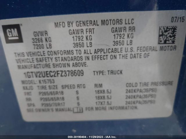 1GTV2UEC2FZ378609 GMC Sierra 1500 Sle