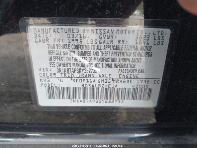 2016 NISSAN SENTRA S VIN: 3N1AB7AP3GY252735