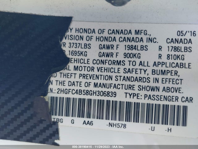 2016 HONDA CIVIC LX VIN: 2HGFC4B58GH306839