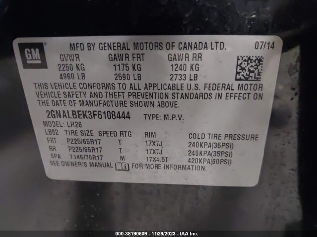 Chevrolet EQUINOX 1LT 2015 2GNALBEK3F6108444 Image 9