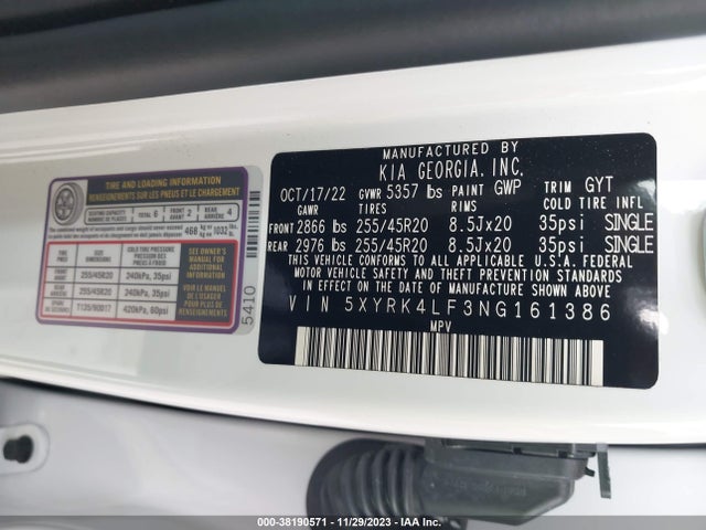 2022 KIA SORENTO SX PRESTIGE VIN: 5XYRK4LF3NG161386
