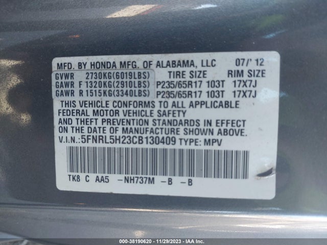 2012 HONDA ODYSSEY LX VIN: 5FNRL5H23CB130409