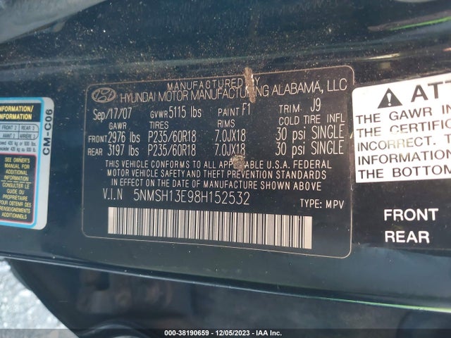 2008 HYUNDAI SANTA FE LIMITED/SE VIN: 5NMSH13E98H152532