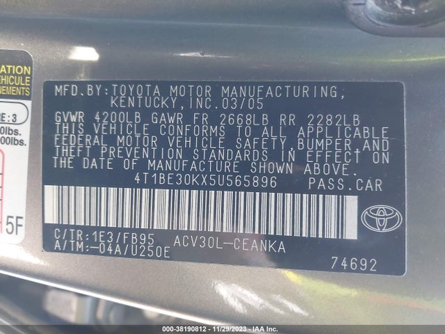 2005 TOYOTA CAMRY LE VIN: 4T1BE30KX5U565896