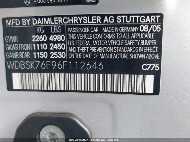 2006 MERCEDES-BENZ SL 600 WDBSK76F96F112646 Photo 8