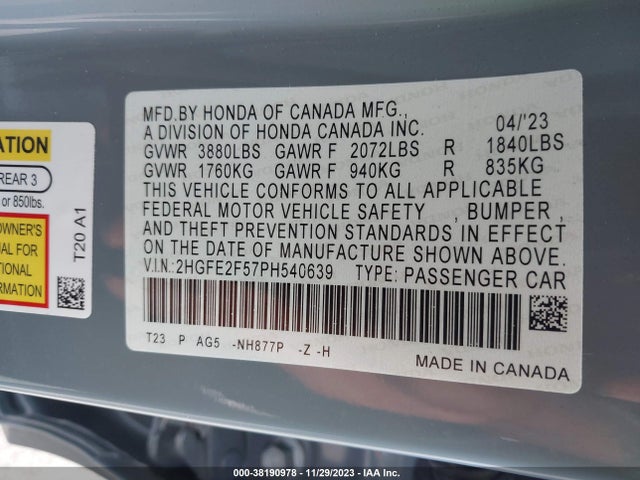 Honda Civic Sport 2023 2HGFE2F57PH540639 Image 9