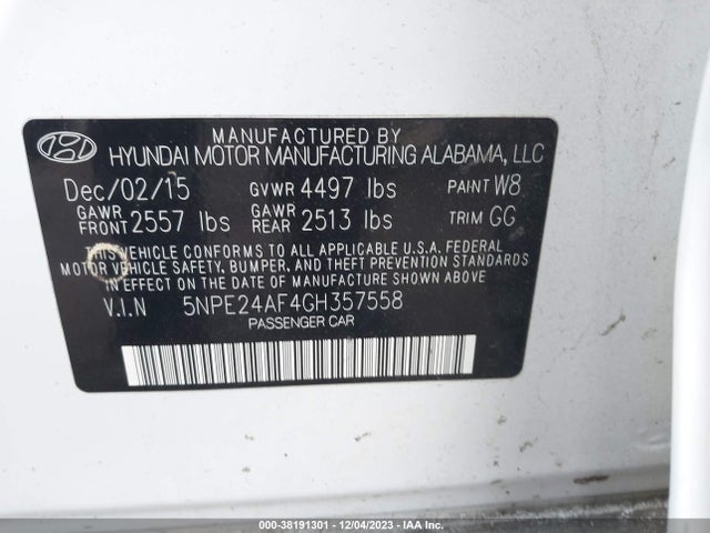 2016 HYUNDAI SONATA SE VIN: 5NPE24AF4GH357558