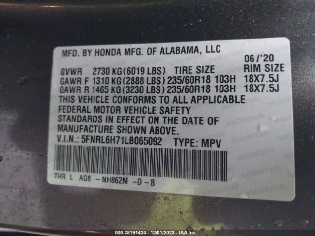 5FNRL6H71LB065092 Honda Odyssey Ex-l/ex-l W/navi & Res