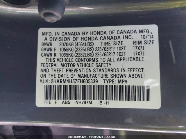 2015 HONDA CR-V EX VIN: 2HKRM4H57FH605339
