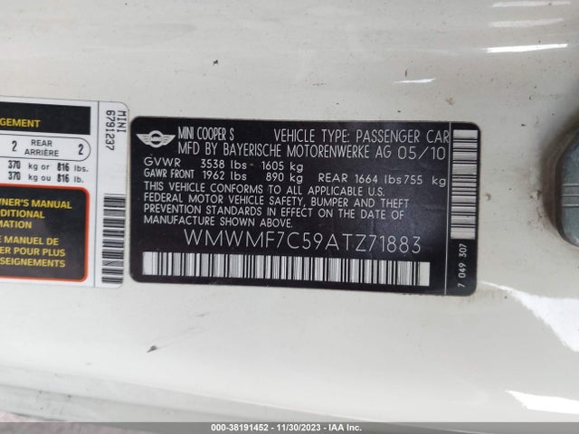 2010 MINI COOPER S WMWMF7C59ATZ71883 Photo 8