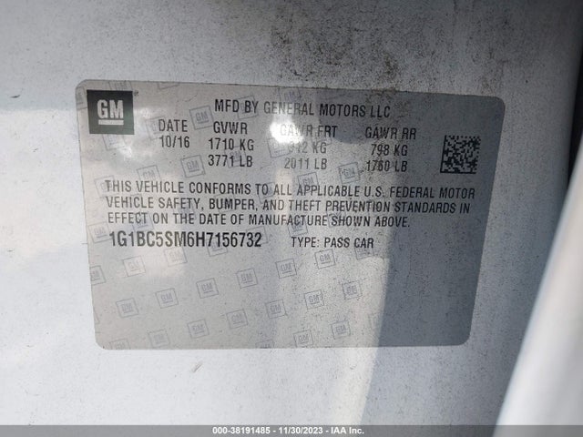 Aukcja sprzedaży 2017 Chevrolet Cruze Ls Auto, vin: 1G1BC5SM6H7156732, numer aukcji: 38191485