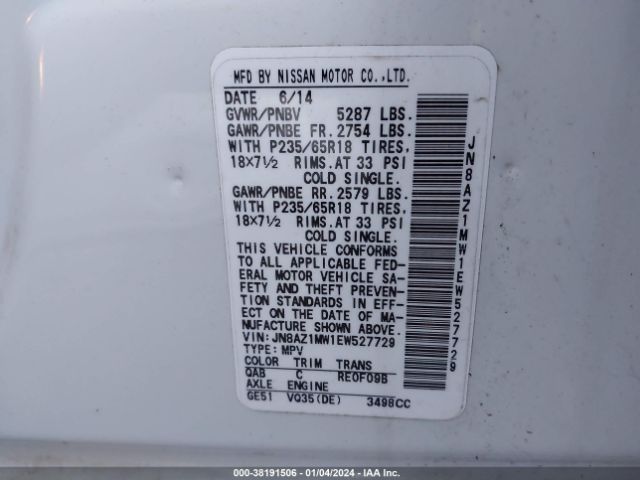JN8AZ1MW1EW527729 Nissan MURANO SL