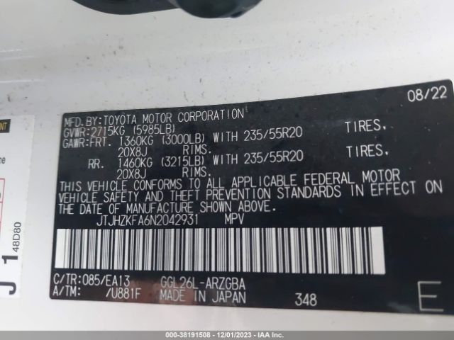 JTJHZKFA6N2042931 Lexus Rx 350l