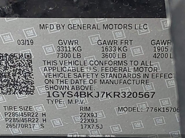 1GYS4BKJ7KR320567 Cadillac Escalade Luxury