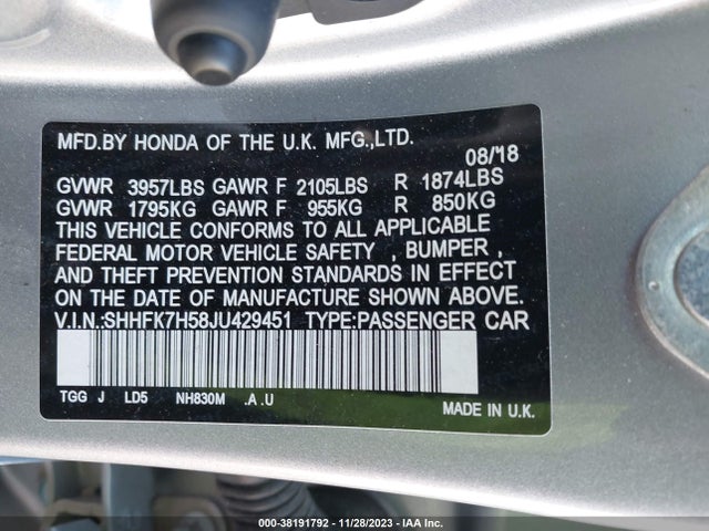 Honda CIVIC EX 2018 SHHFK7H58JU429451 Image 9