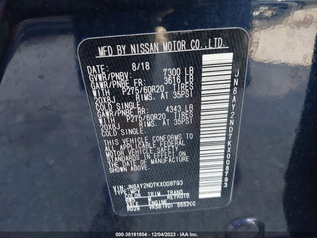 2019 NISSAN ARMADA SL VIN: JN8AY2ND7KX008793