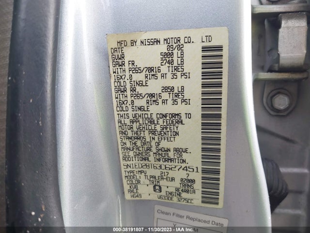 2003 NISSAN XTERRA XE VIN: 5N1ED28T63C627451
