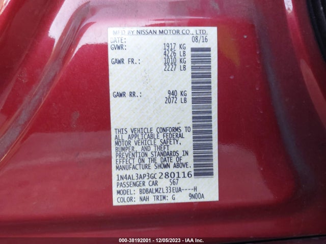 2016 NISSAN ALTIMA 2.5 SV VIN: 1N4AL3AP3GC280116