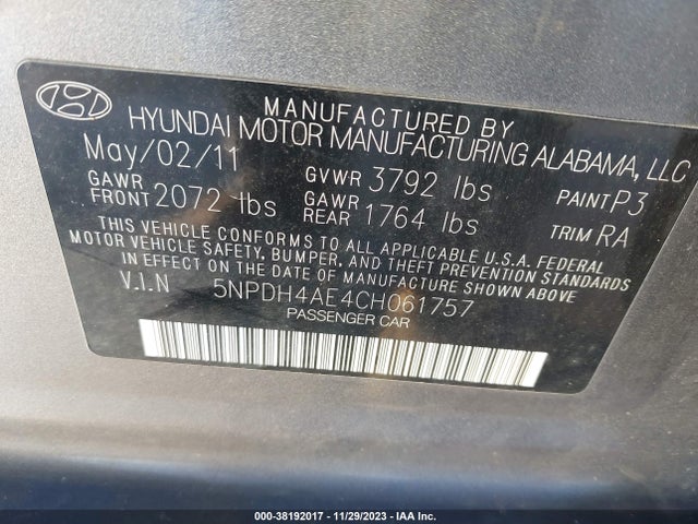 2012 HYUNDAI ELANTRA GLS VIN: 5NPDH4AE4CH061757