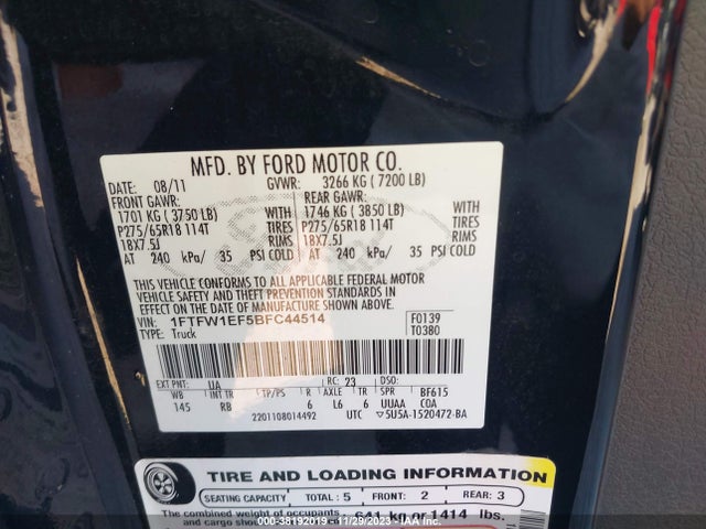 2011 FORD F-150 FX4 VIN: 1FTFW1EF5BFC44514