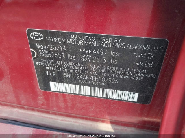 2015 HYUNDAI SONATA SE VIN: 5NPE24AF7FH002995