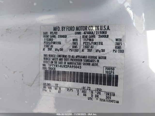2002 FORD RANGER EDGE/TREMOR/XL/XLT VIN: 1FTYR14UX2PA95043