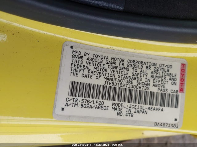 2001 LEXUS IS 300 BASE (A5) VIN: JTHBD182710008735