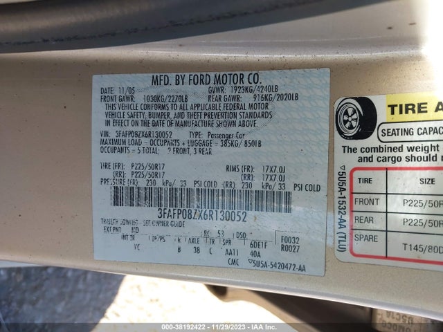 2006 FORD FUSION SEL VIN: 3FAFP08ZX6R130052