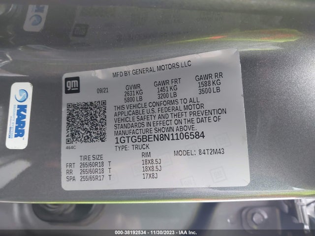 2022 GMC CANYON 2WD SHORT BOX ELEVATION STANDARD VIN: 1GTG5BEN8N1106584