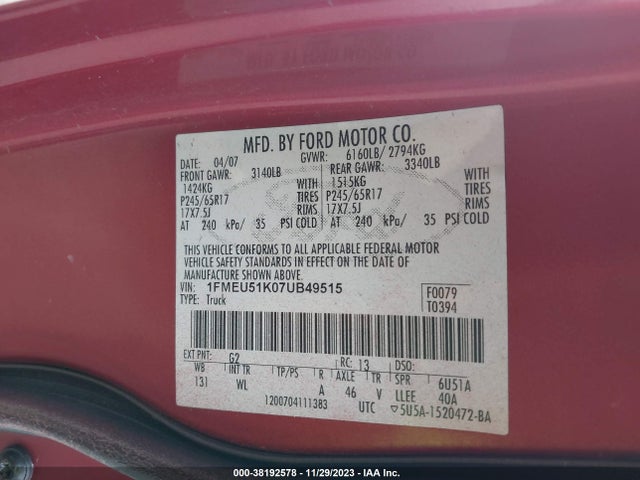 2007 FORD EXPLORER SPORT TRAC XLT VIN: 1FMEU51K07UB49515