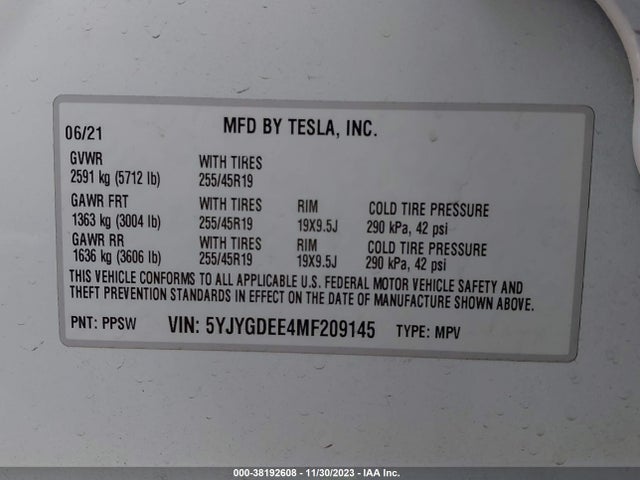 2021 TESLA MODEL Y LONG RANGE DUAL MOTOR ALL-WHEEL DRIVE VIN: 5YJYGDEE4MF209145