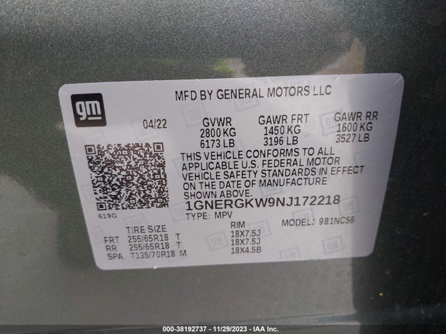 Aukcja sprzedaży 2022 Chevrolet Traverse Fwd Lt Cloth, vin: 1GNERGKW9NJ172218, numer aukcji: 38192737