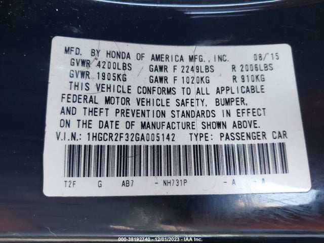 2016 HONDA ACCORD LX VIN: 1HGCR2F32GA005142