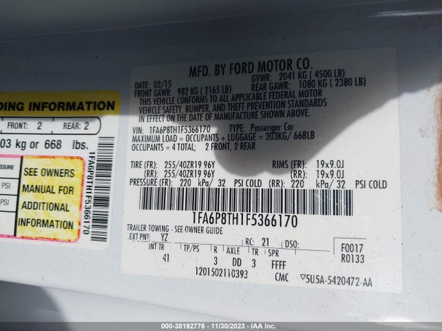 2015 FORD MUSTANG ECOBOOST VIN: 1FA6P8TH1F5366170