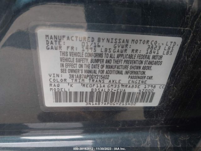 3N1AB7AP0GY215402 Nissan Sentra Fe+ S/sv/s/sr/sl