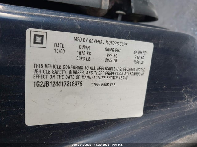 2001 PONTIAC SUNFIRE SE VIN: 1G2JB124417218976